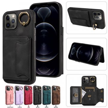 For iPhone 12 Pro Max Card Holder Ring Kickstand Case Black