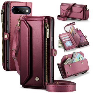 CaseMe Google Pixel 11 Pro XL RFID Wallet Case with Crossbody Strap, Zipper Pocket & Wireless Charging Red