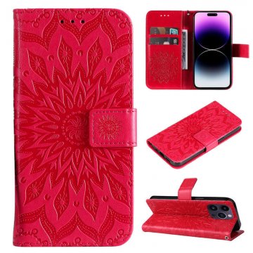 Embossed Sunflower Leather Wallet Kickstand Phone Case Red
