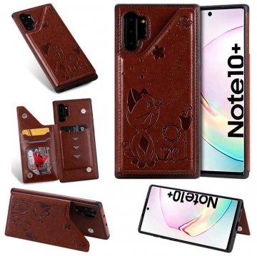 Samsung Galaxy Note 10 Plus Bee and Cat Card Slots Stand Cover Brown