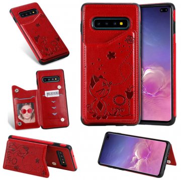 Samsung Galaxy S10 Plus Bee and Cat Magnetic Card Slots Stand Cover Red