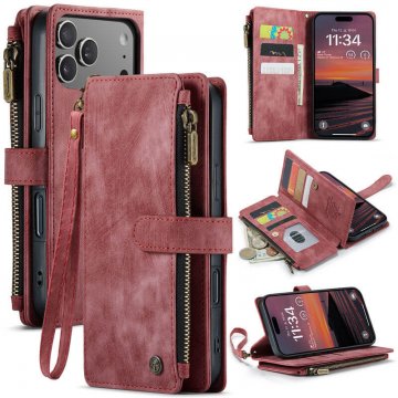 CaseMe iPhone 17 Pro Max Wallet Kickstand Case with Wrist Strap Red