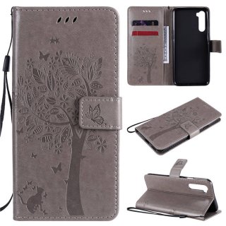 OnePlus Nord Embossed Tree Cat Butterfly Wallet Stand Case Gray