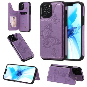 iPhone 12 Pro Luxury Butterfly Magnetic Card Slots Stand Case Purple