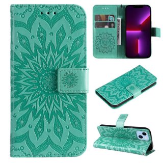 Embossed Sunflower iPhone 14 Wallet Magnetic Case Green