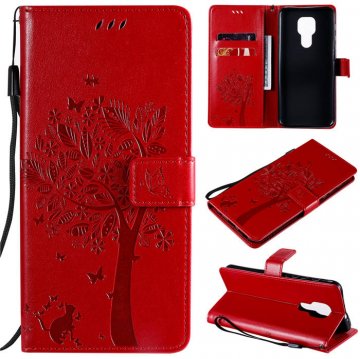 Motorola Moto G9 Play Embossed Tree Cat Butterfly Wallet Stand Case Red