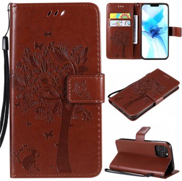 iPhone 12 Pro Embossed Tree Cat Butterfly Wallet Stand Case Brown