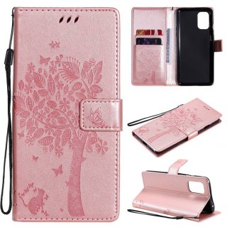 OnePlus 8T Embossed Tree Cat Butterfly Wallet Stand Case Rose Gold