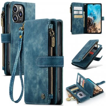 CaseMe Zipper Wallet Kickstand Phone Case with Wrist Strap Blue