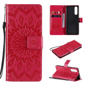 Sony Xperia 5 II Embossed Sunflower Wallet Magnetic Stand Case Red