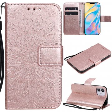 iPhone 12 Embossed Sunflower Wallet Magnetic Stand Case Rose Gold