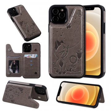 iPhone 12 Pro Luxury Bee and Cat Magnetic Card Slots Stand Cover Gray