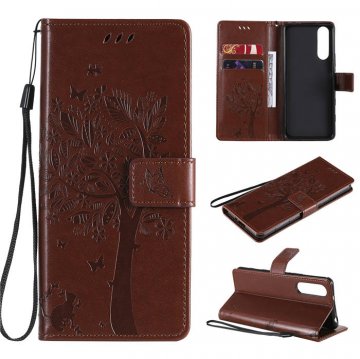 Sony Xperia 5 II Embossed Tree Cat Butterfly Wallet Stand Case Brown