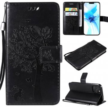iPhone 12 Pro Embossed Tree Cat Butterfly Wallet Stand Case Black