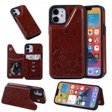 iPhone 12 Mini Luxury Bee and Cat Magnetic Card Slots Stand Cover Brown