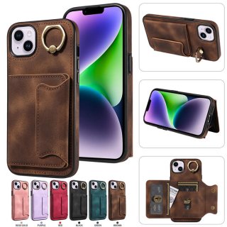 For iPhone 14 Plus Card Holder Ring Kickstand Case Coffee