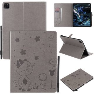 iPad Pro 12.9 inch 2020 Embossed Cat Wallet Stand Leather Case Gray