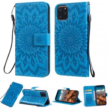 iPhone 11 Pro Max Embossed Sunflower Wallet Stand Case Blue