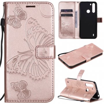 Motorola One Fusion Embossed Butterfly Wallet Magnetic Stand Case Rose Gold