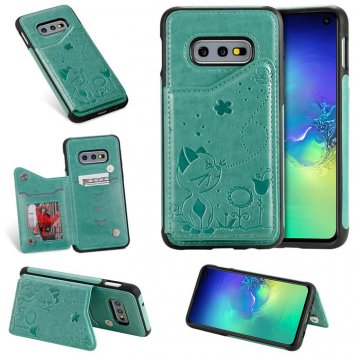 Samsung Galaxy S10e Bee and Cat Magnetic Card Slots Stand Cover Green