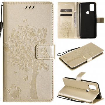 OnePlus Nord N10 5G Embossed Tree Cat Butterfly Wallet Stand Case Gold