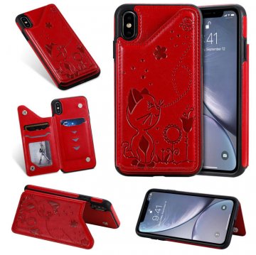 iPhone XS Max Bee and Cat Embossing Card Slots Stand Cover Red