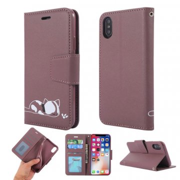 iPhone XS/X Cat Pattern Wallet Magnetic Stand PU Leather Case Brown