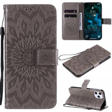 iPhone 12 Pro Max Embossed Sunflower Wallet Magnetic Stand Case Gray