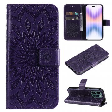 Embossed Sunflower iPhone 14 Pro Wallet Magnetic Case Purple