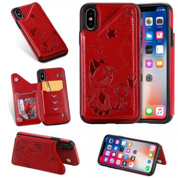iPhone XS Bee and Cat Embossing Card Slots Stand Cover Red