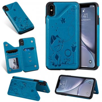 iPhone XS Max Bee and Cat Embossing Card Slots Stand Cover Blue