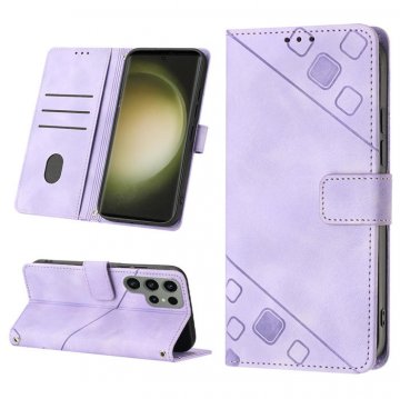 Skin-friendly Samsung Galaxy S23 Ultra Wallet Stand Case with Wrist Strap Purple