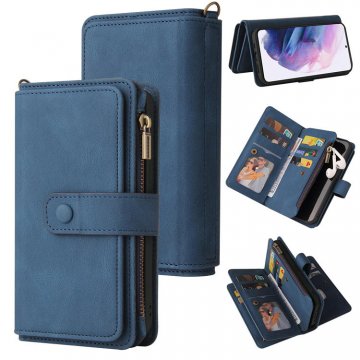 Samsung S22 Plus Wallet 15 Card Slots Case with Wrist Strap Blue