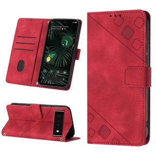 Skin-friendly Google Pixel 6 Pro Wallet Stand Case with Wrist Strap Red