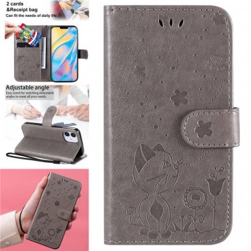 iPhone 12 Embossed Cat Bee Wallet Magnetic Stand Case Gray