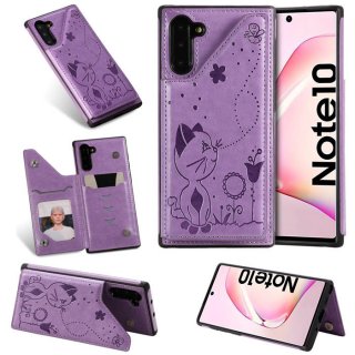 Samsung Galaxy Note 10 Bee and Cat Card Slots Stand Cover Purple