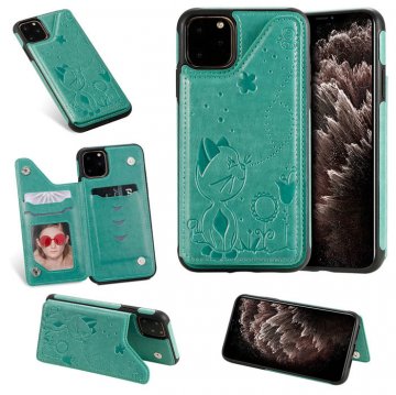 iPhone 11 Pro Bee and Cat Embossing Card Slots Stand Cover Green