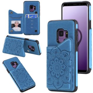 Samsung Galaxy S9 Embossed Wallet Magnetic Stand Case Blue