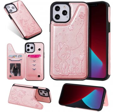 iPhone 12 Pro Max Luxury Bee and Cat Magnetic Card Slots Stand Cover Rose Gold