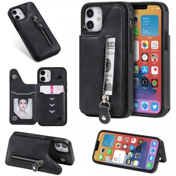 iPhone 12 Zipper Pocket Card Slots Magnetic Clasp Stand Case Black