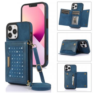 Bling Crossbody Bag Wallet iPhone 13 Pro Max Case with Lanyard Strap Blue