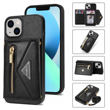 Crossbody Zipper Wallet iPhone 14 Plus Case With Strap Black