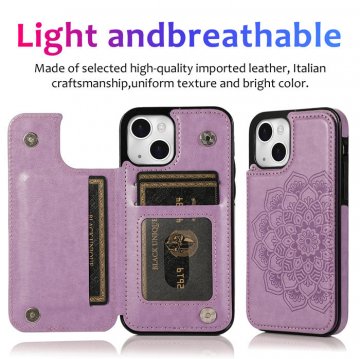 Mandala Embossed iPhone 14 Case with Card Holder Purple