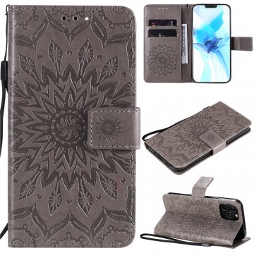 iPhone 12 Pro Embossed Sunflower Wallet Magnetic Stand Case Gray