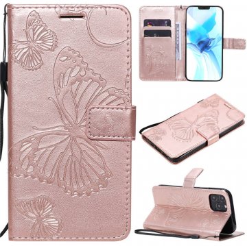 iPhone 12 Pro Embossed Butterfly Wallet Magnetic Stand Case Rose Gold