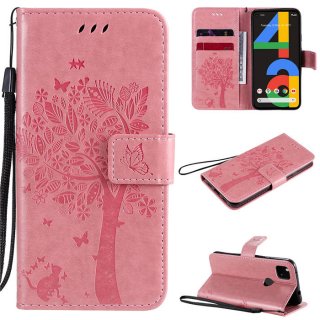 Google Pixel 4A 4G Embossed Tree Cat Butterfly Wallet Stand Case Pink
