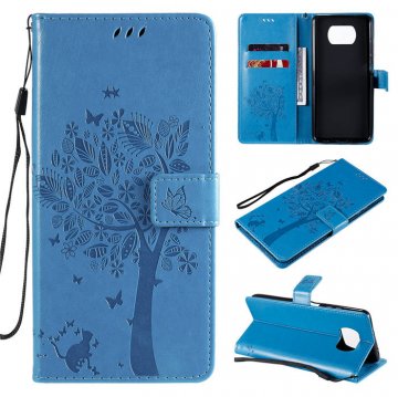 Xiaomi Poco X3 NFC Embossed Tree Cat Butterfly Wallet Stand Case Blue