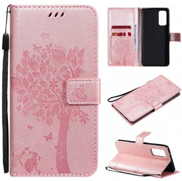 Samsung Galaxy S20 FE Embossed Tree Cat Butterfly Wallet Stand Case Rose Gold