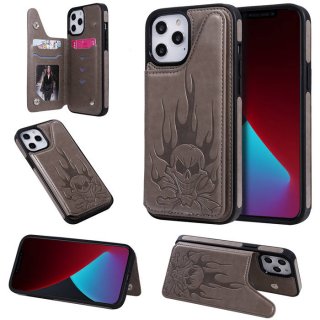 iPhone 12 Pro Max Embossed Skull Magnetic Clasp Wallet Stand Case Gray