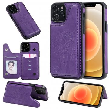 iPhone 12 Pro Luxury Tree and Cat Magnetic Card Slots Stand Cover Purple